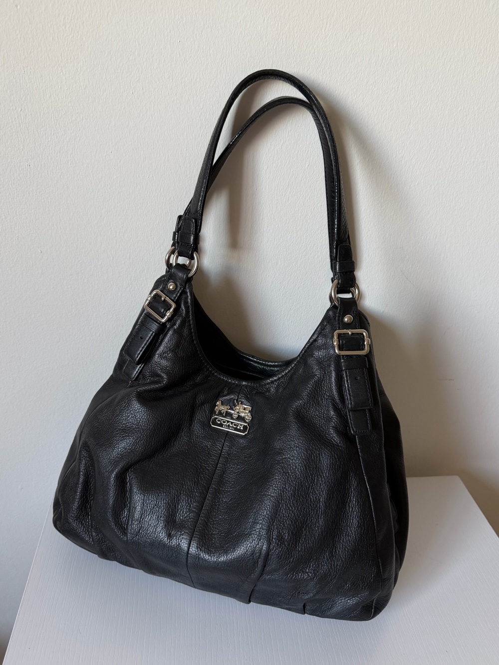 Coach 16503 Black Pebbled Leather Madison Hobo Shoulder Bag Purple Satin Lining